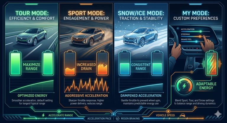 Do the Driving Modes in Cadillac Lyriq Offer Different Ranges or Battery Usages?